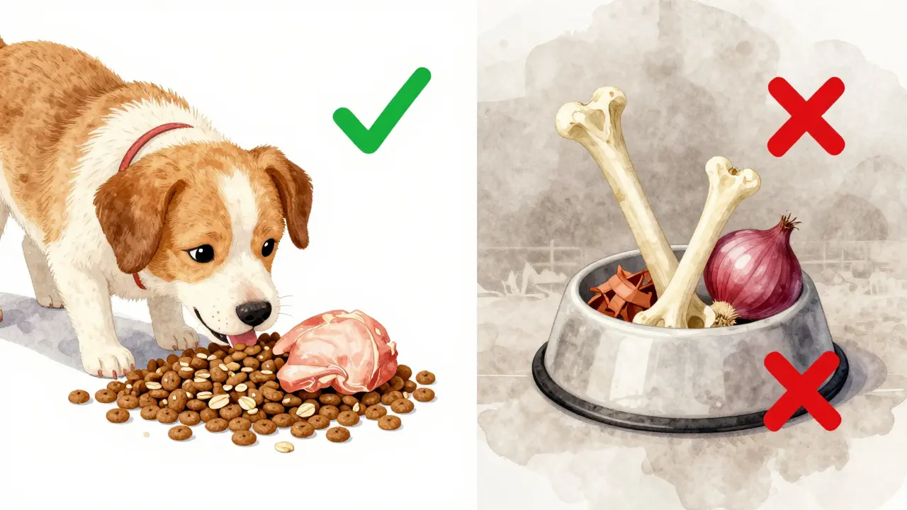 Сравнение безопасных и опасных добавок к сухому корму для собаки.