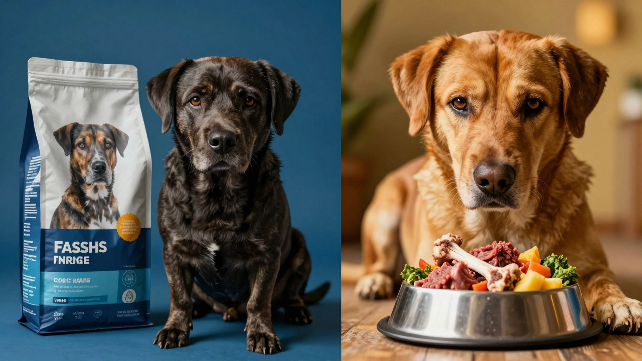 Сравнение: собака с тусклой шерстью рядом с сухим кормом и с блестящей шерстью рядом с натуральной едой.