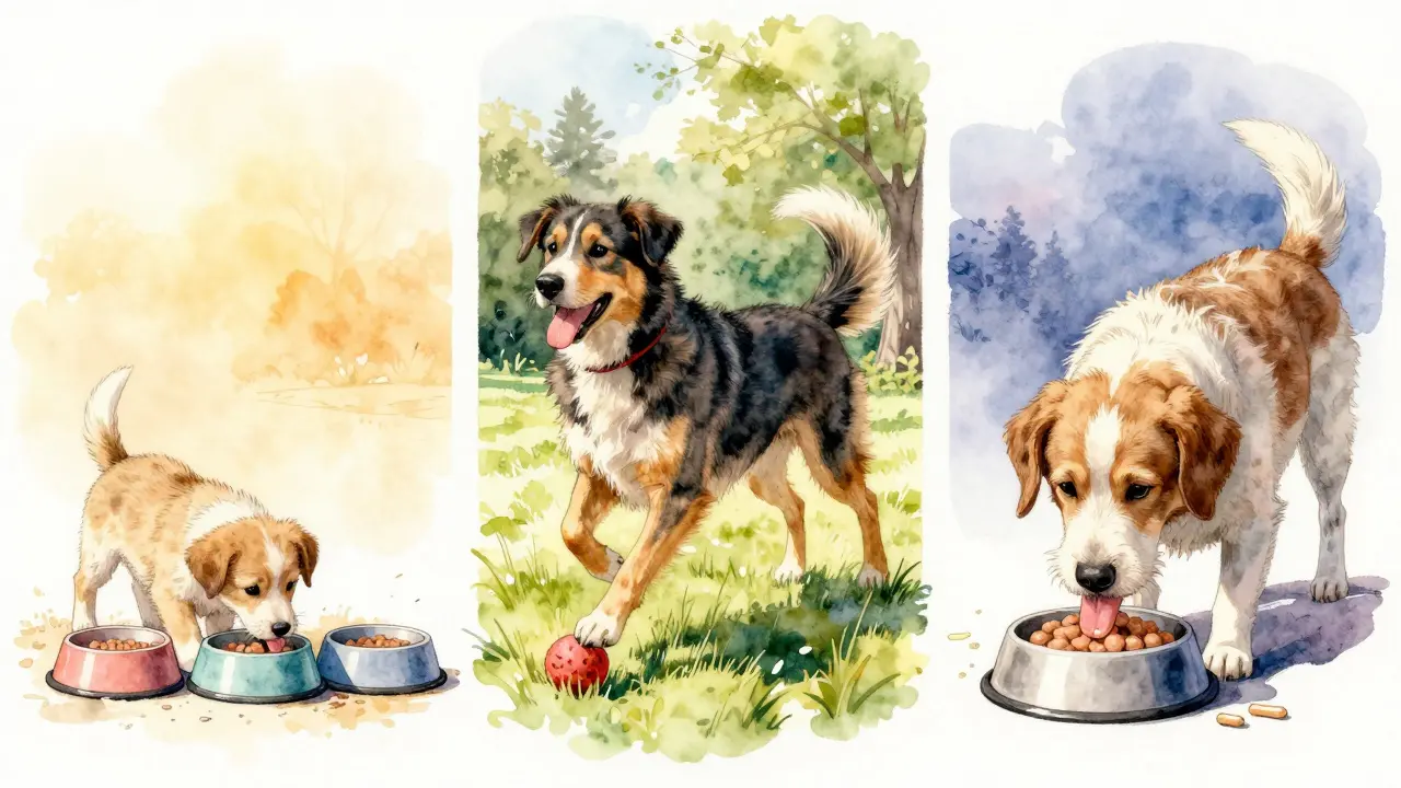 Три собаки разных возрастов: щенок, взрослая собака и пожилая — каждая в своей среде с подходящим кормом.