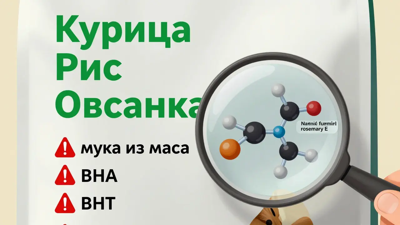 Увеличенный фрагмент состава корма: хорошие ингредиенты в зеленом, вредные — в красном с предупреждениями.