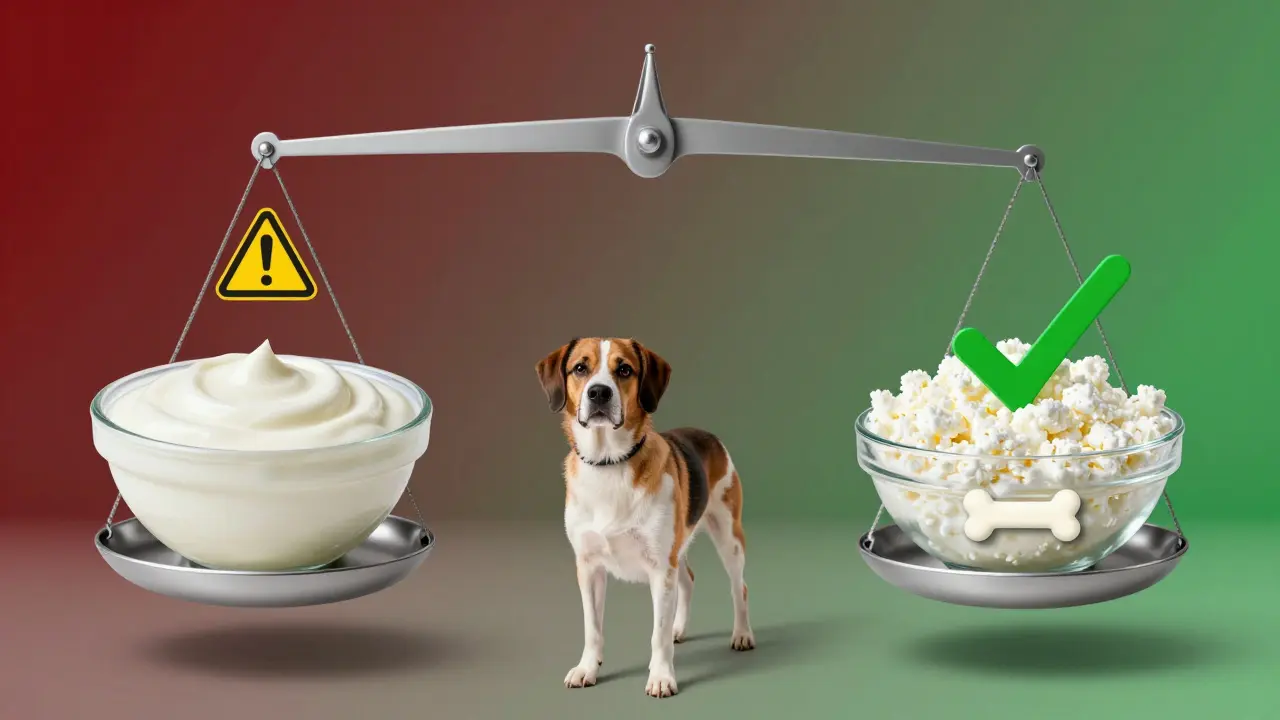 Весы с йогуртом и творогом, собака между ними — символ выбора между риском и безопасностью.