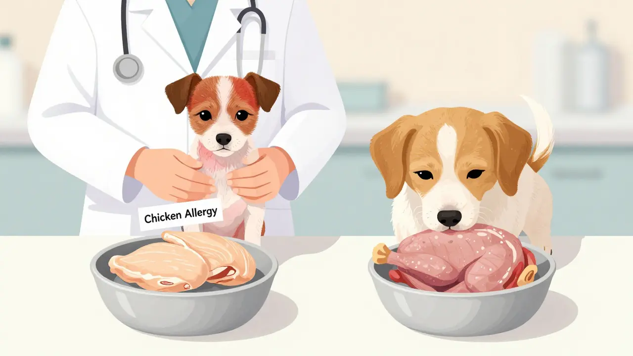 Ветеринар осматривает собаку с аллергией, показывая разницу между курицей и безопасным мясом.