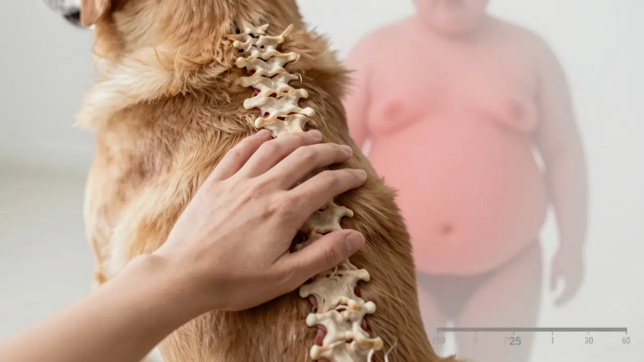 Вид сзади на собаку с прозрачным контуром рёбер, показывающим идеальный вес под кожей.