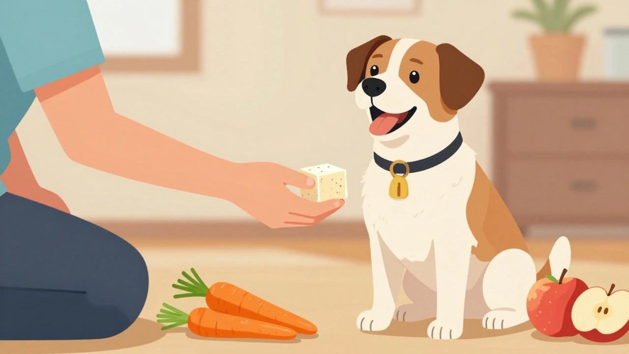 Владелец дает собаке кусочек творожного сыра во время дрессировки.