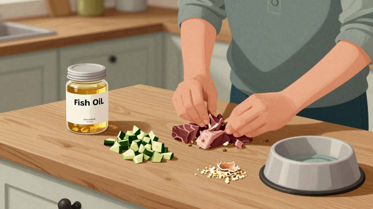 Владелец готовит еду для собаки: мясо, овощи и кальций на деревянной стойке.