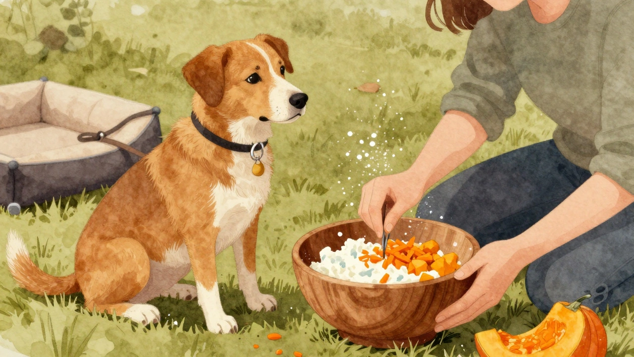 Владелец смешивает творог с овощами для собаки.