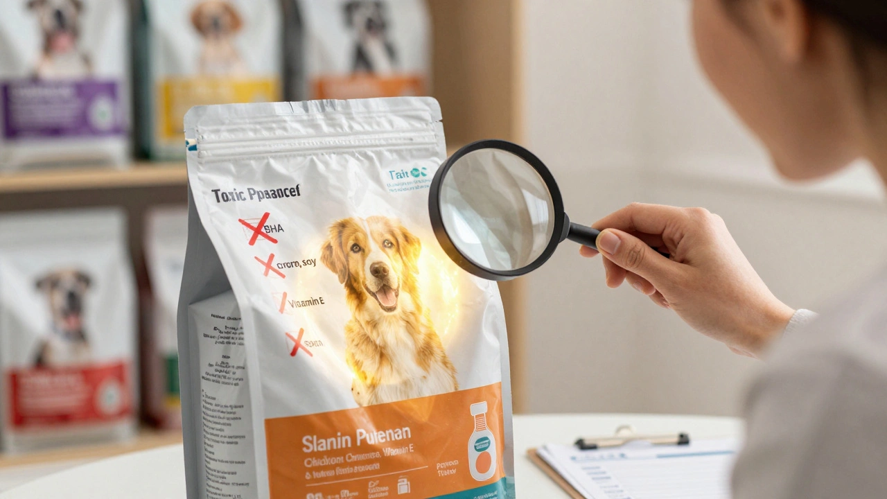 Владелец собаки изучает этикетку корма, вычеркивая вредные ингредиенты, в то время как полезные светятся золотым.