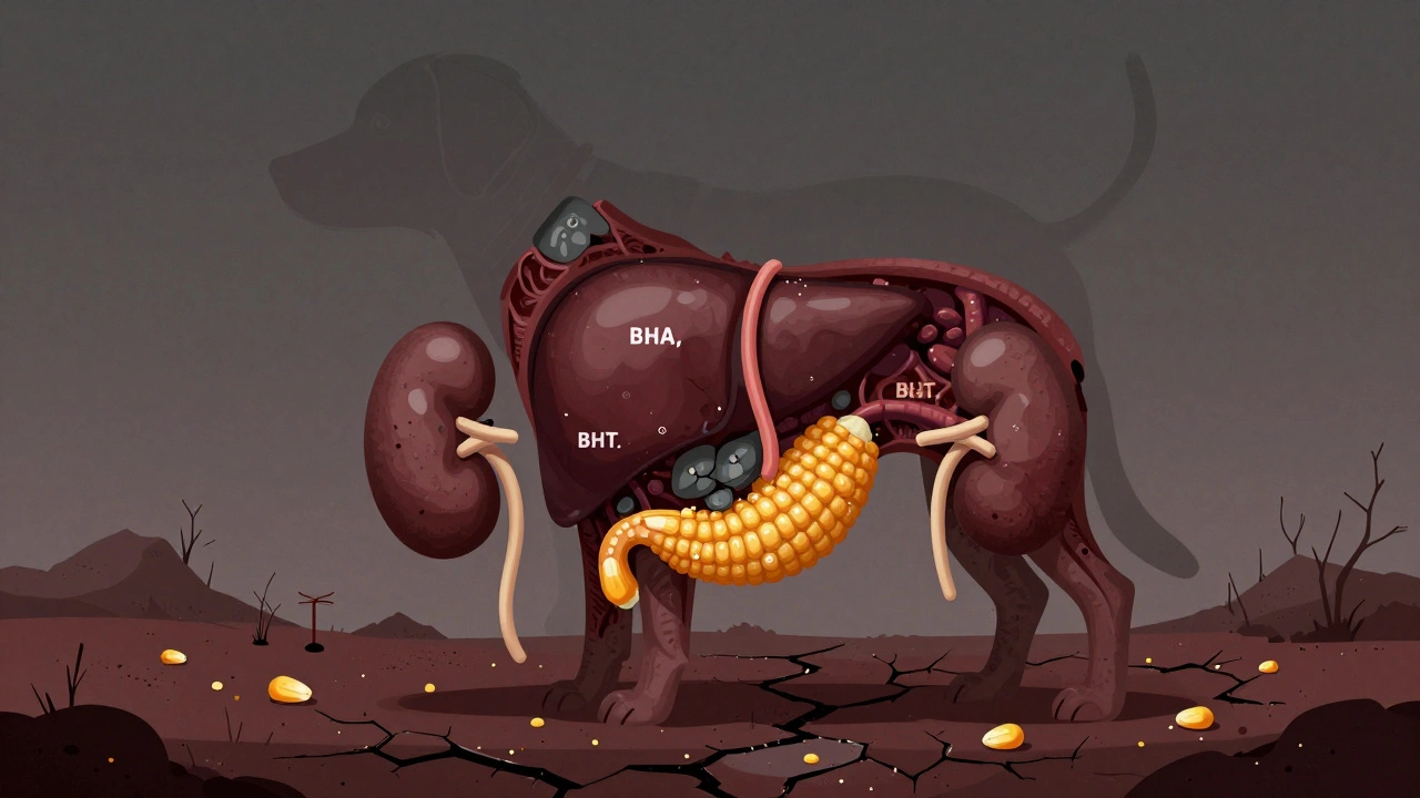 Внутренние органы собаки, поврежденные химическими добавками и злаками в корме.