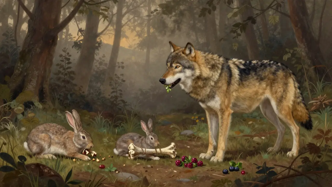 Волк в лесу ест кролика, кости и ягоды на закате.