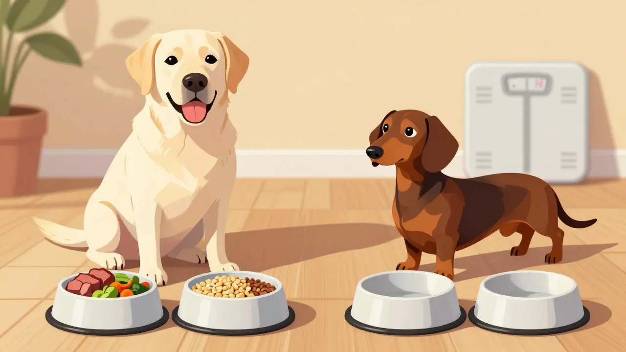 Взрослая собака ест из двух мисок — утро и вечер, сбалансированная еда на тарелке.