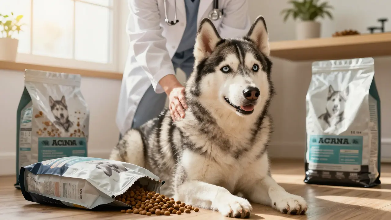 Здоровая собака с блестящей шерстью рядом с качественным кормом, рядом ветеринар с доброжелательной улыбкой.
