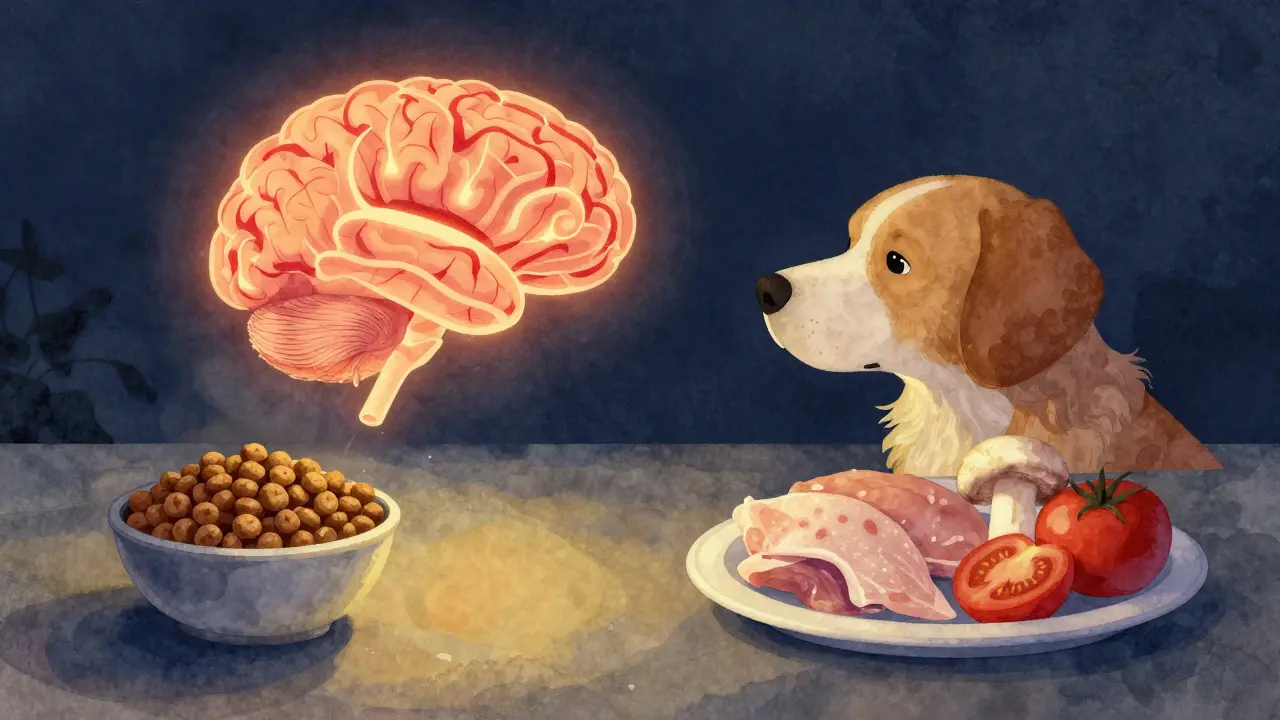 Схематичное изображение мозга собаки, связывающего искусственный вкус с естественной пищей.