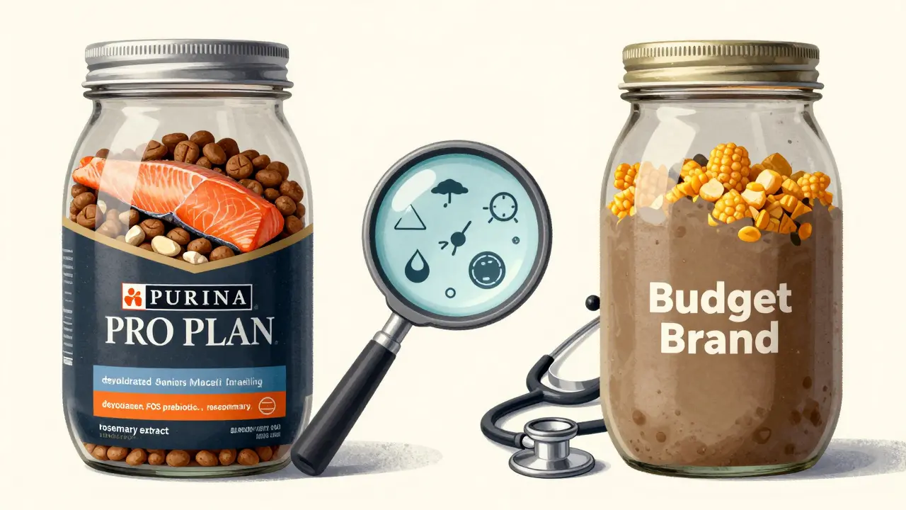 Сравнение состава корма Purina Pro Plan и бюджетного корма с выделенными ингредиентами.