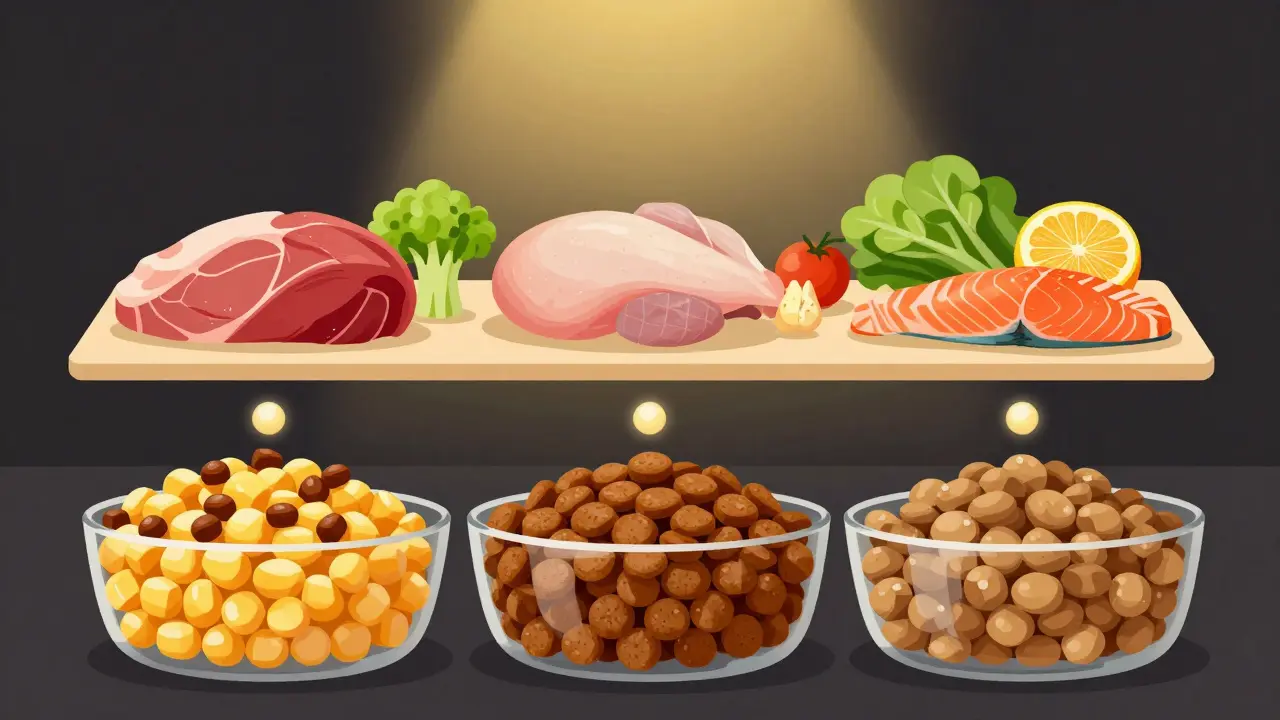 Три уровня собачьего корма: дешевый с злаками, средний с добавками, премиум с мясом и овощами — визуальное сравнение.