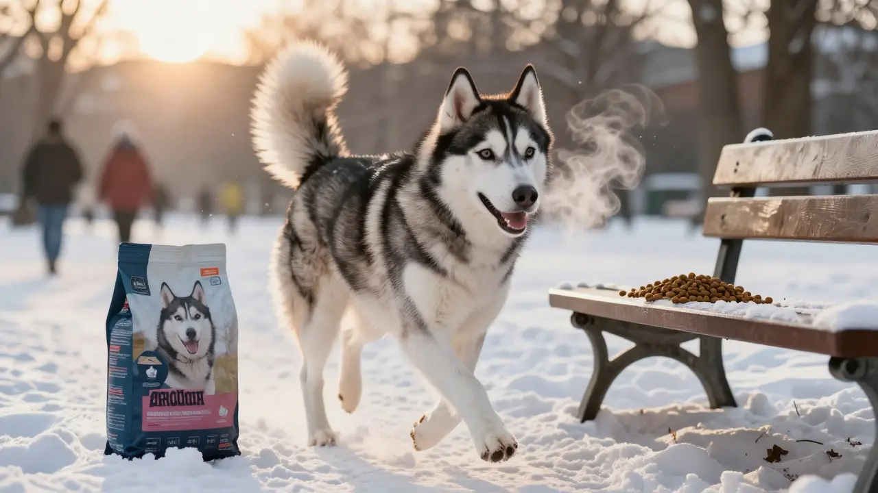 Здоровая собака бежит по снегу на рассвете, рядом лежит пакет качественного корма — символ хорошего питания.
