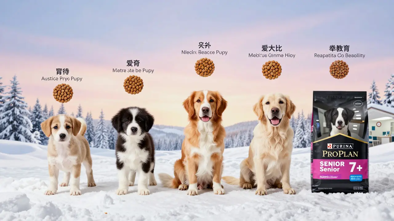 Жизненный путь собаки с разными видами корма Purina на каждом этапе жизни.